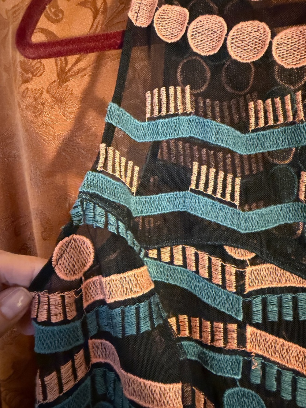 Ademi + Kin Anthropologie Blue Black Orange Tank w/ Embroidered Mesh Overlay SzL - Picture 4 of 10